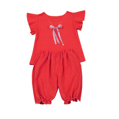 

Summer Children Girls Casual Summer Bow Flare Sleeve T-shirtShorts Suits 2Pcs Fashion Costume Set Yellow Pink Red