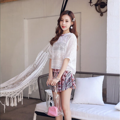 

Three Pieces Bandage Bikini Suit Retro National Style Padded Printed Dress Bikini Set High Waist Beachwear Swimwear Cover Up