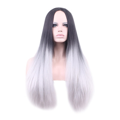 

65cm Black To Gray Wigs Long Straight Fake Hair Women Girls Wig Synthetic Hair Heat Resistant