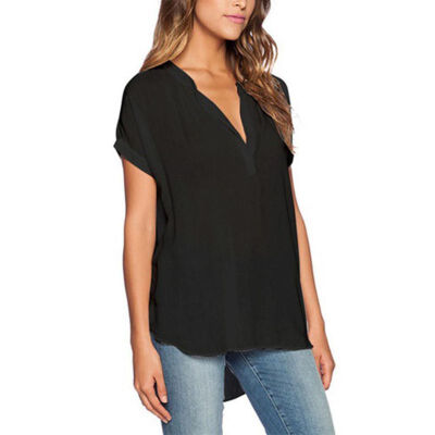 

2017 Summer Women Chiffon Blouses Ladys Short Sleeve Chiffon Casual Shirt V-neck Tops Solid Color