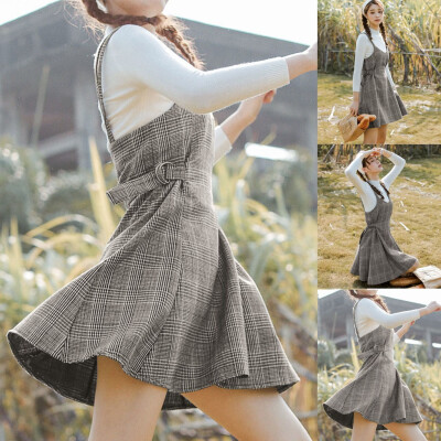 

Tailored Women Casual V-neckline Plaid Hairy Dress Strapless Belt Zipper Mini Dress