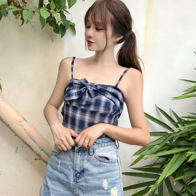 

Sexy Women Girls Crop Top Sleeveless Backless Plaid Printed Fitness Clothing Underwear Women Summer Tops Camisole