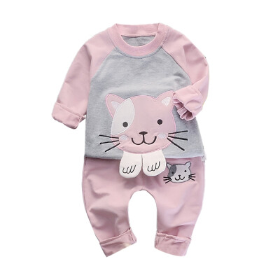 

Autumn Set Children Baby Girls Boys Set Casual Long Sleeve Cartoon Cat Pattern Sweatshirt TopsPants Trouser Set