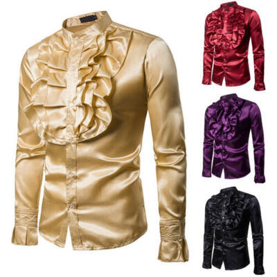 

Mens 70s Frill Ruffle Stand Collar Shirt Fancy Dress Party Formal Baquet Costume