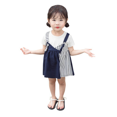 

Hot dress kids childrens girls stitching vertical strip cotton soft solid color short sleeve casual dress for 0-5T