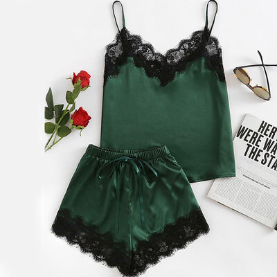 

Spaghetti Strap Lace Satin Cami Top&Shorts Pajama Set Womens Sleepwear Pajama Set