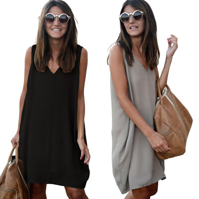 

New Fashion Women Tank Mini Dress V Neck High Low Hem Loose Casual Asymmetric Shift Dress BlackGrey