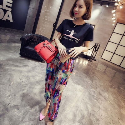 

Women Harem Pants Summer Elastic Waist Loose Colorful Floral Print Ankle-length trousers with national characteristics