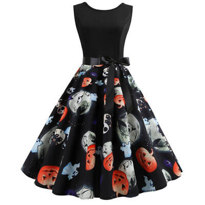 

Christmas Halloween Dress Pumpkin Head Print Big swing Sexy Dress Retro Sleeveless Dress