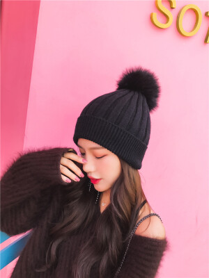 

Super Fox fur ball real fur wool blend thickened warm womens winter wool hats Korean knit hat tide