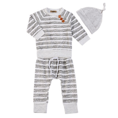 

Newborn Baby Boys 3Pcs Long Sleeve Outfits Sets Cotton Striped TosPantCap 0-18M