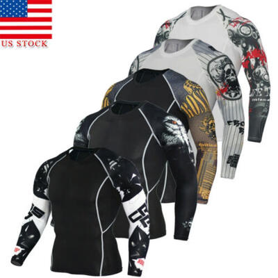 

US STOCK Men Compression Printed Long Sleeve T Shirt Stretch Gym Sport Fitness