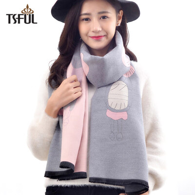 

Tsful scarf female winter shawl autumn winter bib dual-use warm printing Korean fashion cloak TSO627WJA robot light gray powder
