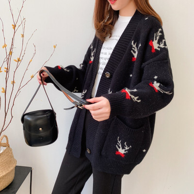 

Women Sweater Cardigans Autumn Winter Cartoon Embroidery Christmas deer Cardigans Poncho Single Breasted Knit Sweater