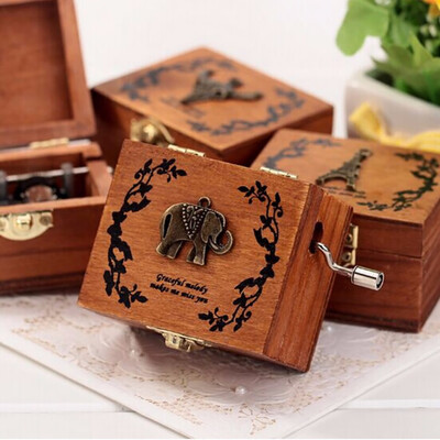 

New Vintage Wood Music Box Exquisite Crank Music Box Retro for Beautiful Decorative Patterns 4 Different Patterns