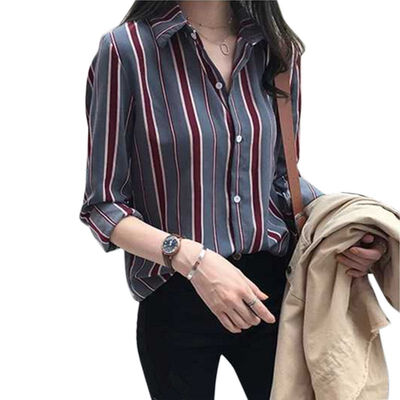

Autumn Blouse Elegant Women Striped Shirt Casual Lapel Neck Long Sleeve Buttons Work OL Blusas Top Plus Size
