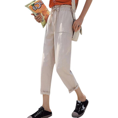 

Korean Style Elastic High Waist Solid Casual Pockets Cargo Pants