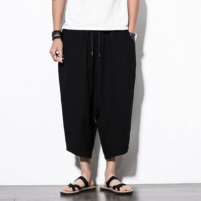 

Gobestart Men Casual Retro Solid Streetwear Drawstring Calf-Length Pants Harem Trousers