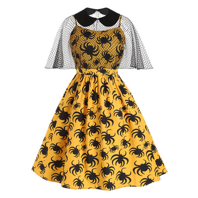 

Halloween Spider Print Cami Dress&Collared Mesh Poncho