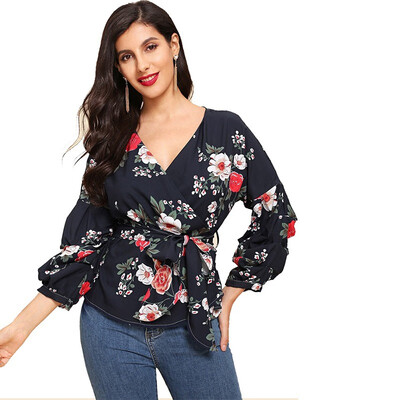 

New Floral Lantern Long Sleeve Vintage Blouse V Neck Collar Shirt Blusas Feminino Ladies Blouses Womens Tops Fashion