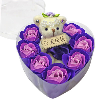 

Scented Rose Flower Petal Bouquet Gift Box With Bear Bath Body Soap Gift Wedding Party Favor 7Pcs