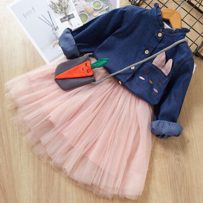 

Baby Girls Casual Autumn Long Sleeve Denim Shirt Tops BlouseMesh Design SkirtsCartoon Bag Suits Costume Set