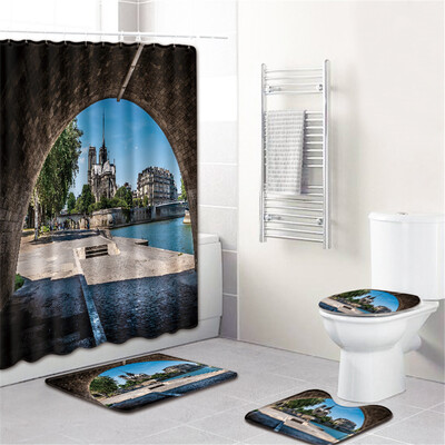 

Gobestart Waterproof Bathroom Shower Curtain Set Non-Slip Rug Toilet Lid Cover Bath Mat