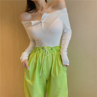 

Sexy Off The Shoulder Basic Tee Tops For Women Autumn Solid Color Long Sleeve Bottoming Tee Shirts Femme