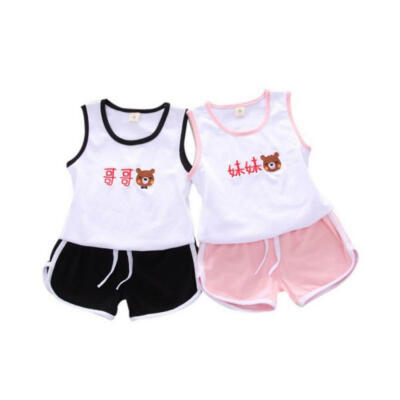 

SisterBrother Baby Clothes Set Outfit Sleeveless Cartoon Chinese Character Print Tops Vest Shorts Children Casual Set