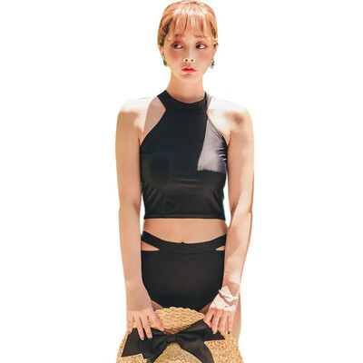 

Women Sexy Retro Hollow Solid Color Simple High Waist Halter Cross Strap Bandage Split Bikini Set Swimsuit