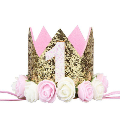 

Baby Boy Girl Birthday Party Hat Headwear Elastic Headband Glitter Number Flowers Crown