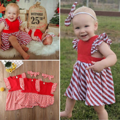 

US Sister Matching Christmas Clothes Kids Baby Girl Striped Romper Dress Outfit