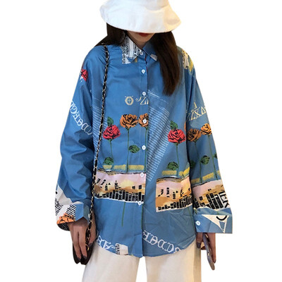 

Fashion Women\s Print Shirt Lapel Long-sleeved Blouses Casual Loose Cardigan Blouse Tops