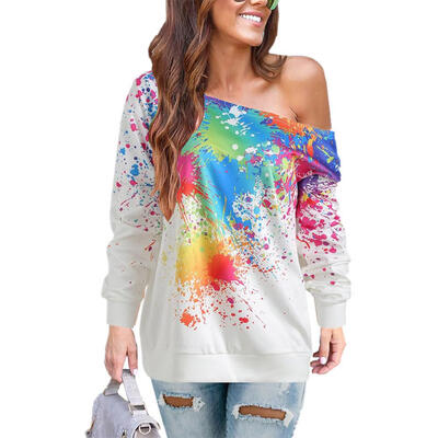 

Women Autumn Sexy One Shoulder T-shirt Spray Paint Print Casual Ladies Tops