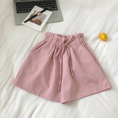

New Summer Solid Pockets Shorts Women Elastic High Waist Casual Shorts Ladies Flare Shorts