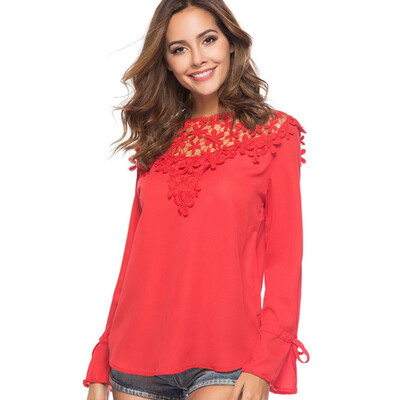 

ROPALIA Women Sexy Hollow Chiffon Blouse Tee Tops Fashion Ladies Lace Up Long Sleeve Shirt Casual Blusa Solid O-Neck Autumn Tops