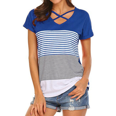

Summer Color Block Striped Tee Top Women Cross Front V Neck Short Sleeve T-Shirt