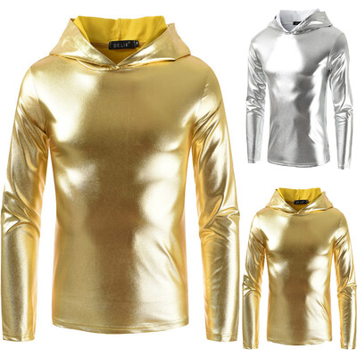 

Mens Soft Flash T-Shirt High Collar Long Sleeves PU Faux Leather Tops Clubwear