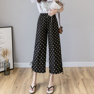 

Vintage Dot Printing Wide Leg Pants Women High Waist Loose Trousers Candy Color Lace Up Leg Female Streetwear Casual Pants