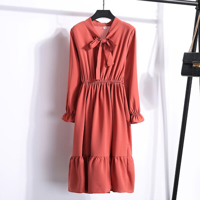

Tailored Women Ladys Casual Chiffon Solid Color Long Sleeve Elastic Waist Bandage Dress
