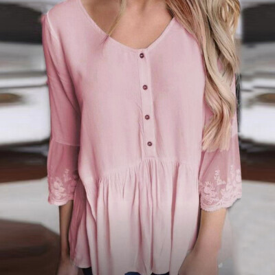 

Tailored Women Fashion Round Collar Button Lace Pleated Top Long Sleeve Blouse