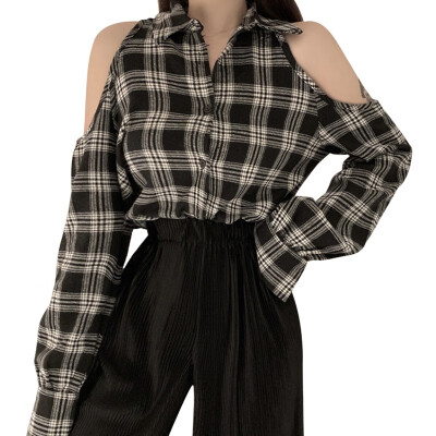 

Autumn Women Plaid Shirt Long Sleeve Off Shoulder Sexy Chiffon Blouse Turn-down Collar Harajuku Korean Tops Fall Clothes