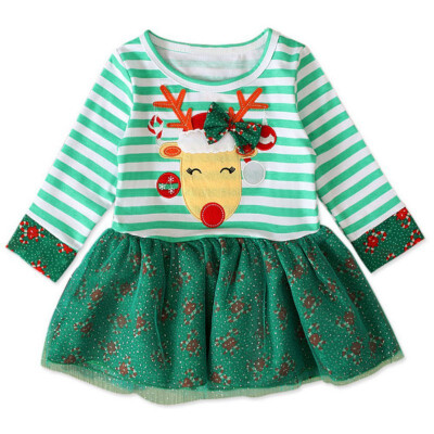 

hilittlekids Autumn Children Girl Christmas Deer Pattern Dress Long Sleeve Baby Casual Sundress Clothes