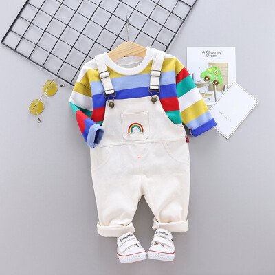 

Spring Autumn Casual Fashion Baby Kids Rainbow Striped Long Sleeve Top And Suspender Trousers Clothing Sets