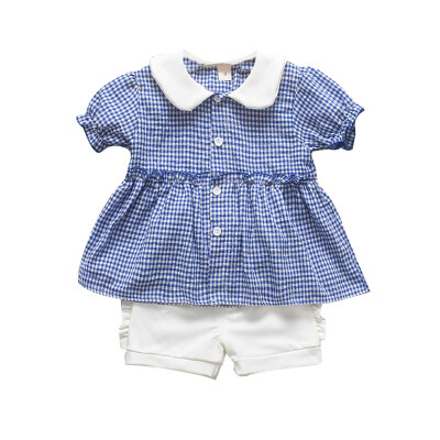 

Childrens Clothing Summer Baby Girls Casual Short Sleeve Plaid Pattern Turndown Collar T-shirt TopsShorts Suits Costume Set