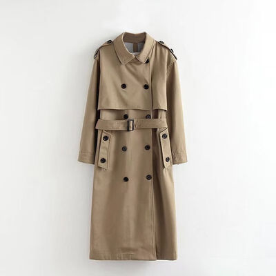 

Trench Coat Women Autumn New Double-breasted Cloak Cascading Turn-down Collar Over The Knee Long Section Trench Khaki