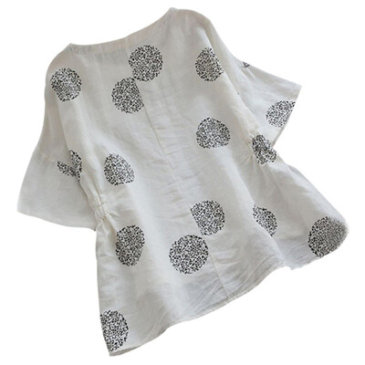

2019 Summer Women Shirt Casual Loose O-neck Polka Dot Print Blouse Half Sleeve Irregular Hem Waist Slim Ladies Tops Large Size