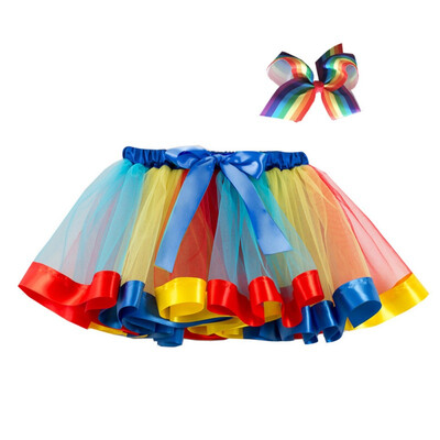 

Girls Summer Mesh Rainbow Color Matching High Waist Skirt Short Pleated Sweet SkirtHairband