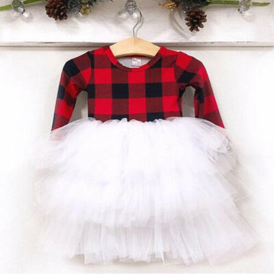 

US Christmas Baby Girl Clothes Long Sleeve Plaids Dress Tulle Xmas Party Dress