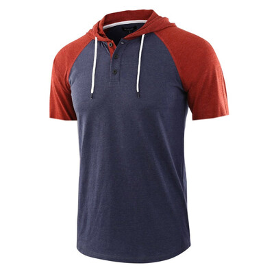 

Toponeto Men Casual Summer Patchwork Drawsting Short Sleeve Hoodie T-Shirt Top Blouse